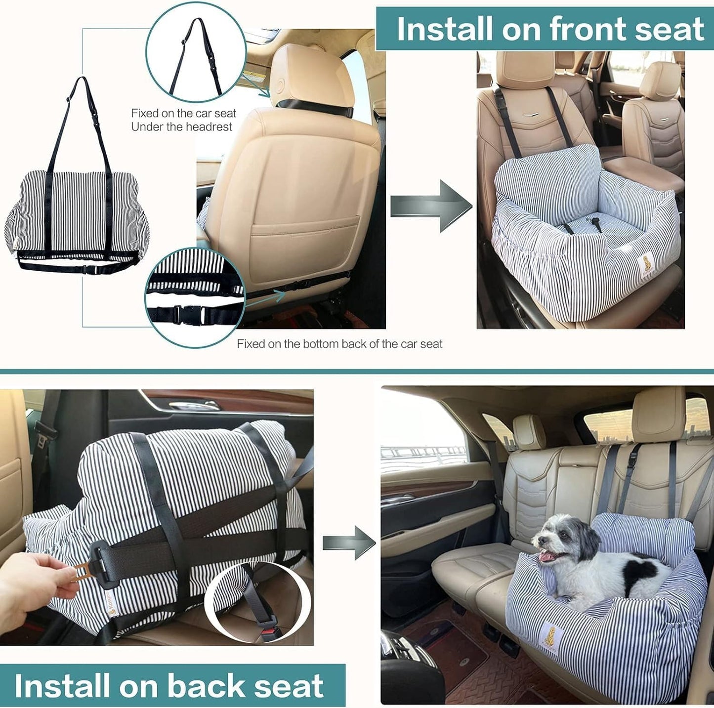 Dog Car Seat for Small Dogs,Fully Detachable and Washable Puppy Dog Booster Seats with Storage Pockets and Clip-On Safety Leash,Non-Slip Base Dog Bed Dual-Use for Car and Home (Blue)