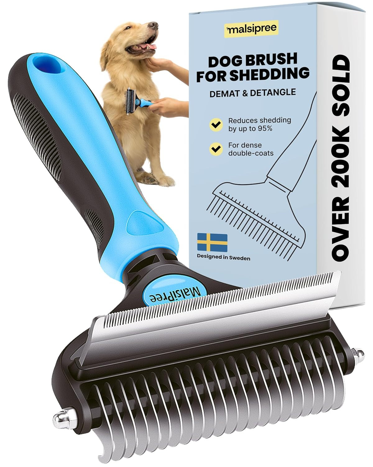 Dog Brush for Shedding - Large, Blue, 2-In-1 - Deshedding Dog Grooming Brush & Undercoat Rake with Dematting Comb for Medium to Large Double Coated