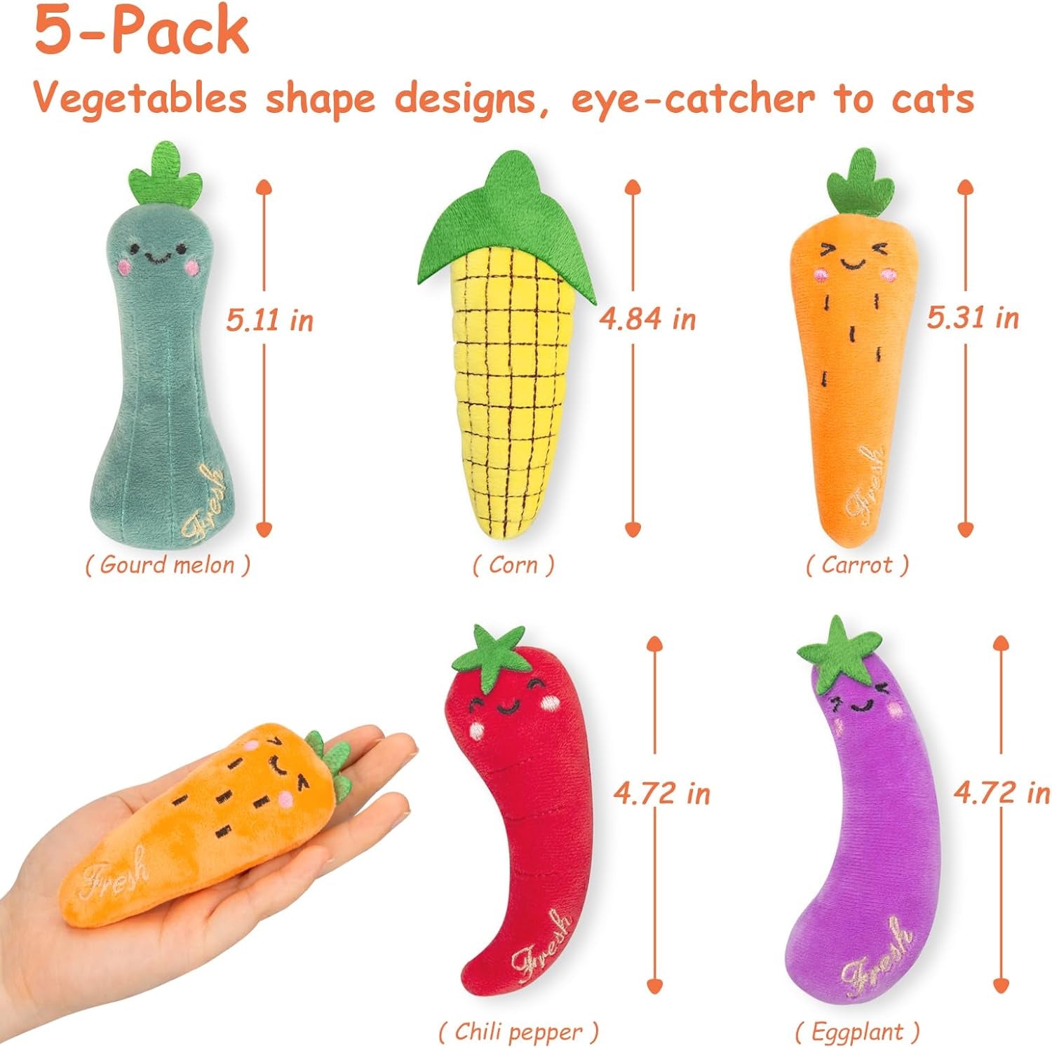 Catnip Cat Toys, 5 Pack, Plush Cat Nip Toys for Indoor Kitten Kitty, Interactive Cat Kicker Chew Safe Teeth Cleaning Toys, Fun Vegetable Shape