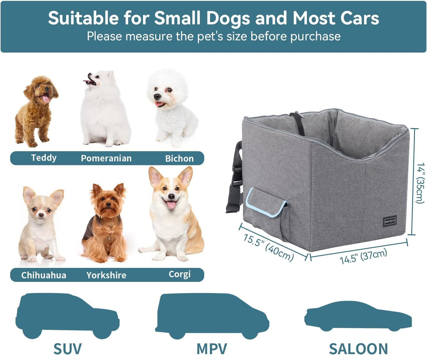 Small Dog Car Seat, Pet Travel Car Booster Seat with Safety Belt, Washable Double-Sided Cushion and Storage Pocket for Small Pet (Small, Light Grey)